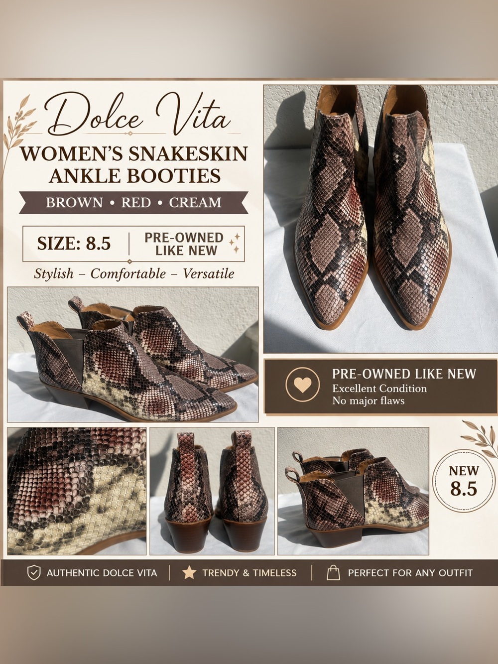 Dolce Vita Women’s Snakeskin Ankle Booties - Brown Red and Cream New 8.5